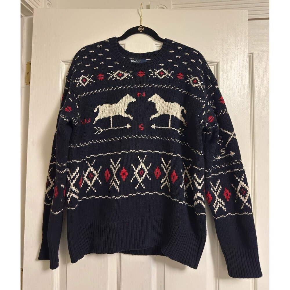 Polo Ralph Lauren Wool Fair Isle Twin Horse Equestrian Western Knit Sweater L